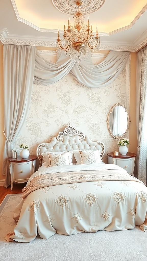 A beautifully designed bedroom with a plush bed, elegant chandelier, and soft color palette, perfect for a princess.