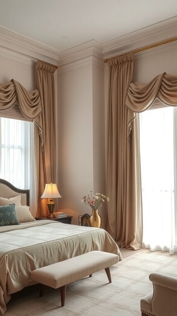 Elegant master bedroom with soft beige curtains and a cozy bed