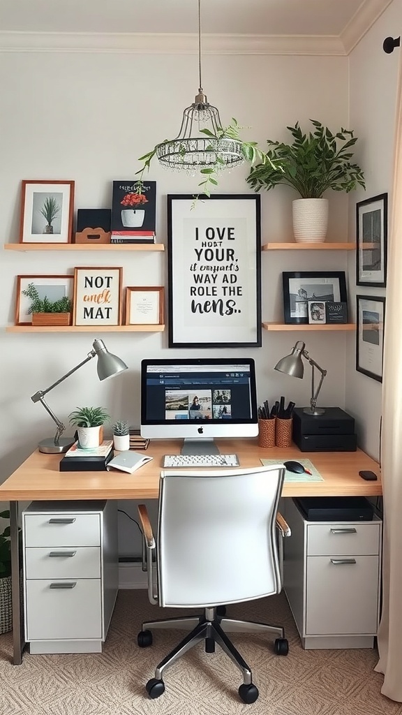 A cozy home office with a desk, computer, plants, and decorative shelves.