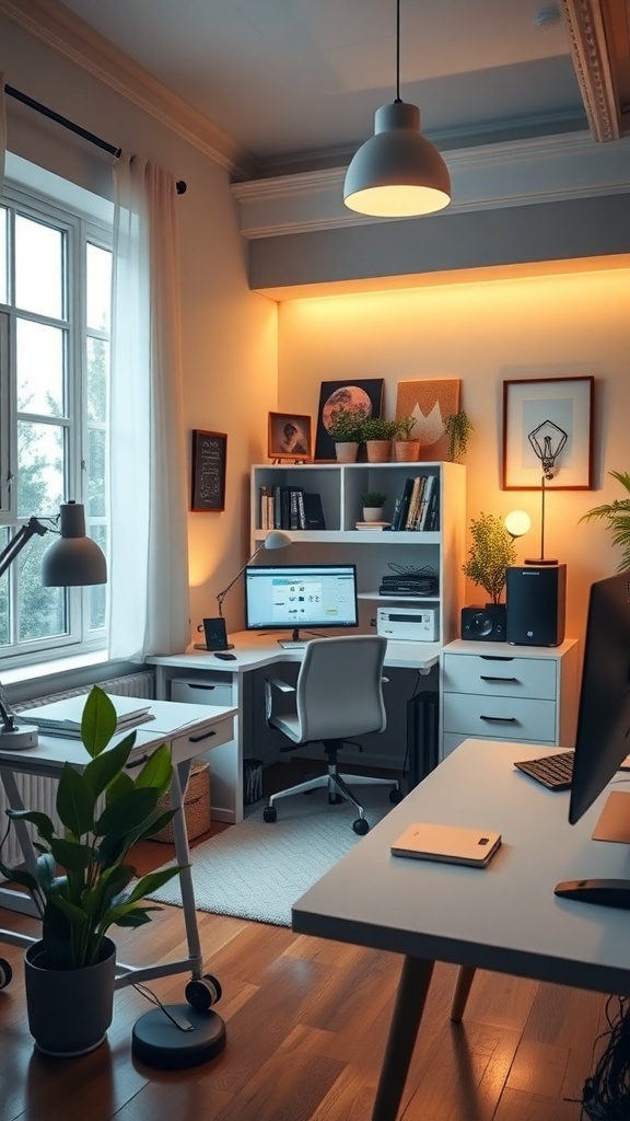 A cozy home office with natural and artificial lighting, featuring a desk, plants, and a warm atmosphere.
