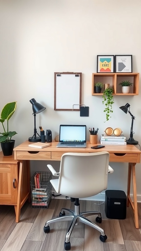 11 Inspiring Home Office Decor Ideas to Boost Your Productivity 4 A stylish home office desk arrangement with a laptop, plants, and decorative items.