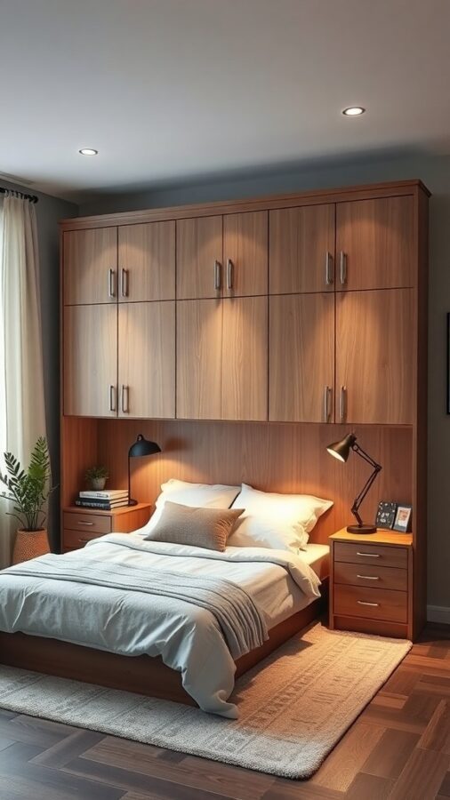 A cozy home office with a Murphy bed, featuring warm wood tones and layered lighting.
