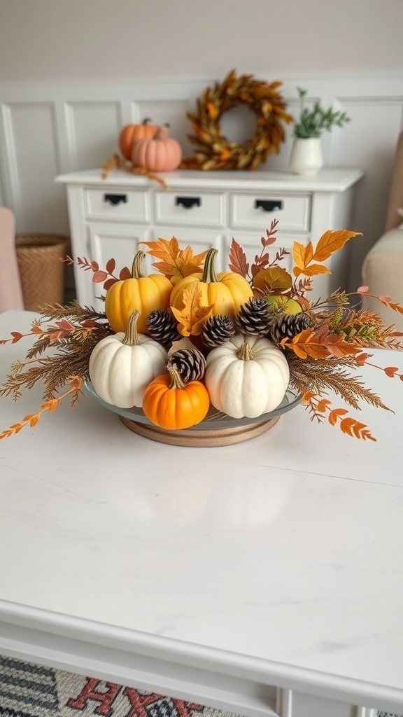 A cozy fall centerpiece featuring pumpkins, pinecones, and autumn leaves.