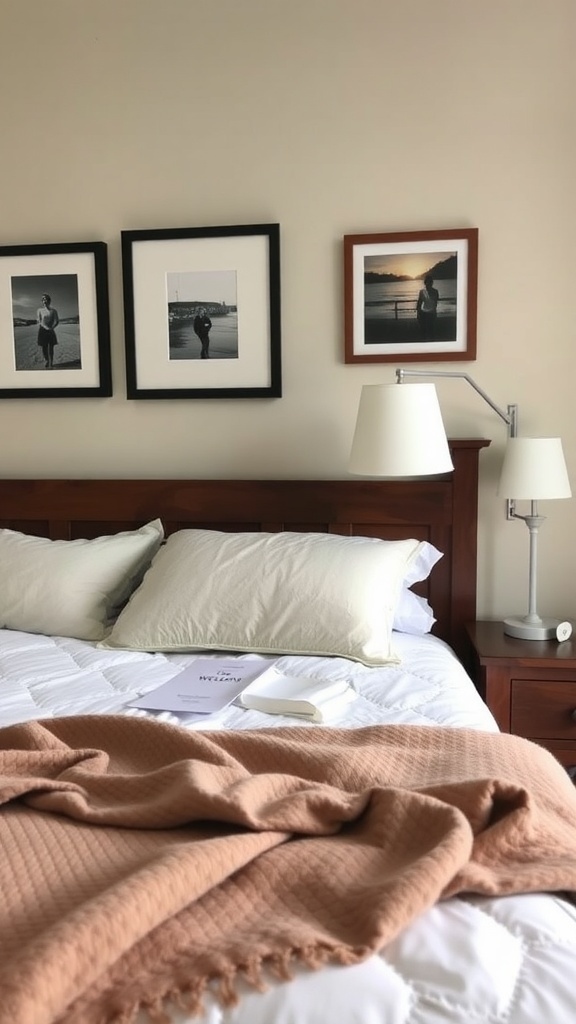Cozy guest bedroom with framed photos, soft pillows, and a warm blanket