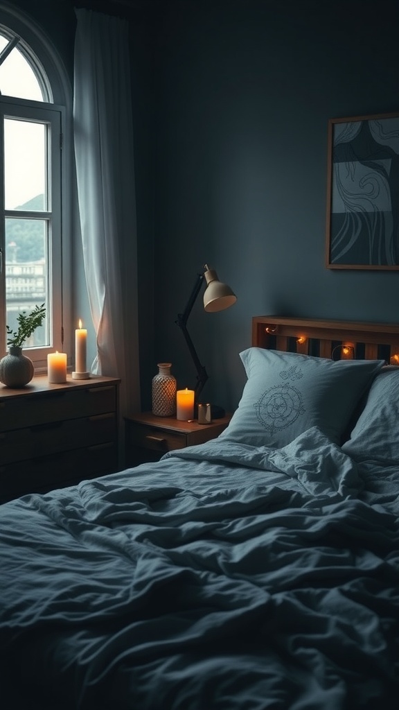 A moody bedroom with soft lighting, candles, and a cozy bed.