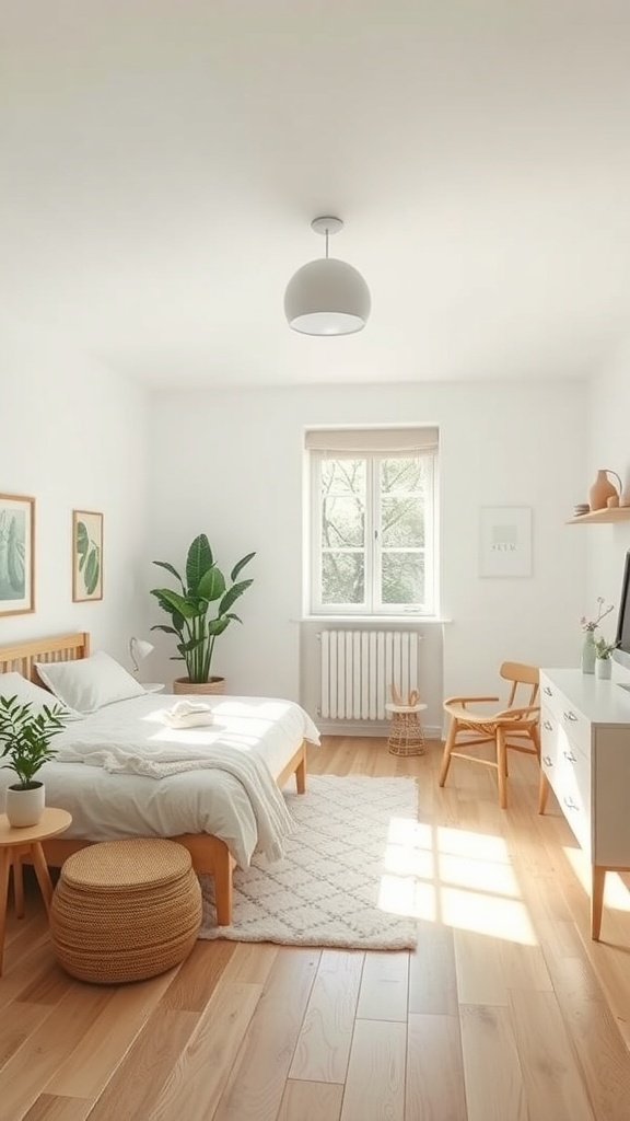 A bright and simple Scandinavian style bedroom with wooden furniture, plants, and natural light.