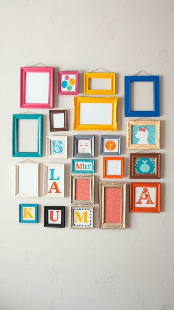 Colorful arrangement of empty frames on a wall