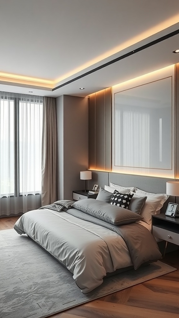 Modern bedroom with gray decor and smart lighting
