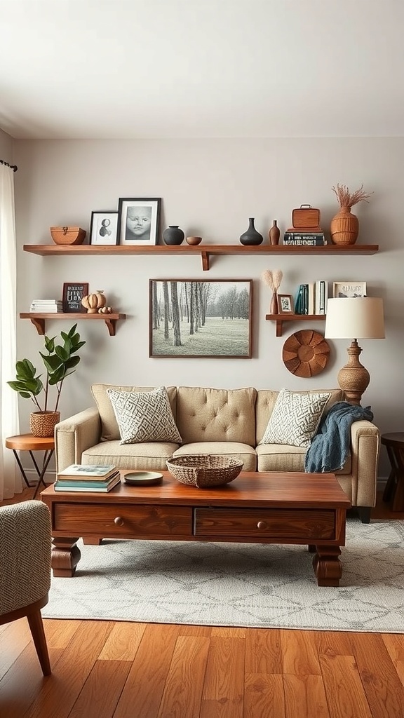 A cozy living room featuring rustic wood elements, warm colors, and decorative shelves.