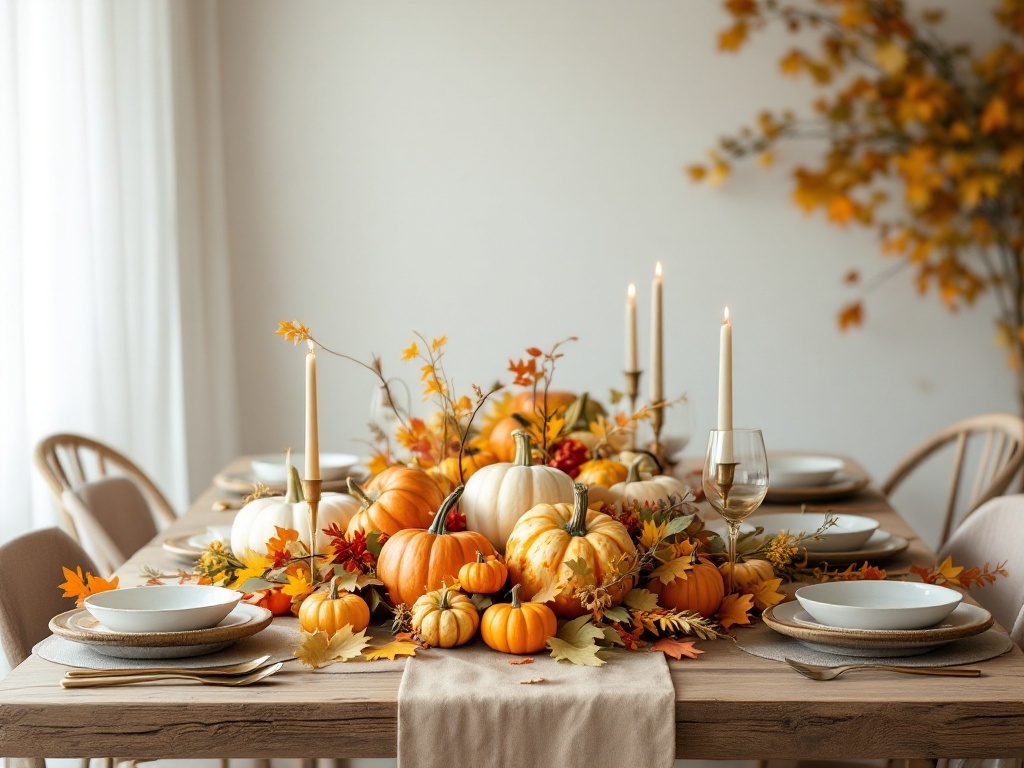 5 Cozy Fall Home Decor Ideas You’ll Love 4 A beautifully arranged fall centerpiece with pumpkins, candles, and autumn leaves on a dining table.