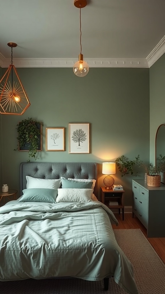 A cozy sage green bedroom with modern lighting fixtures, including a pendant light and a stylish lamp.