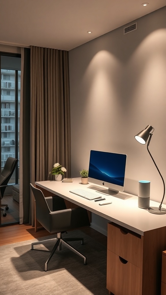 A modern home office featuring a sleek desk with a computer, smart speaker, and warm lighting.