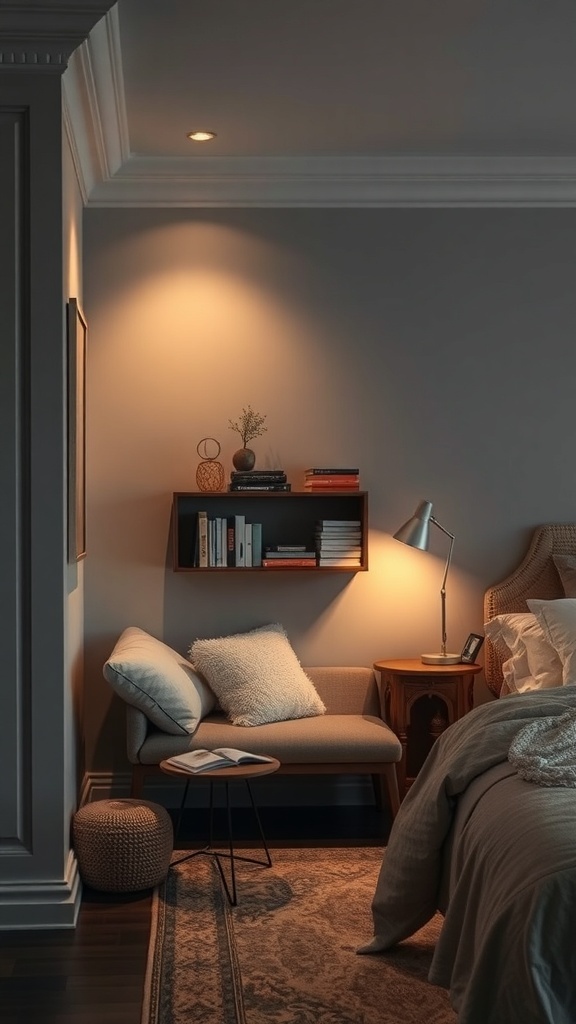 A cozy nook in a grey bedroom with warm lighting, featuring a comfortable chair, side table, and decorative elements.