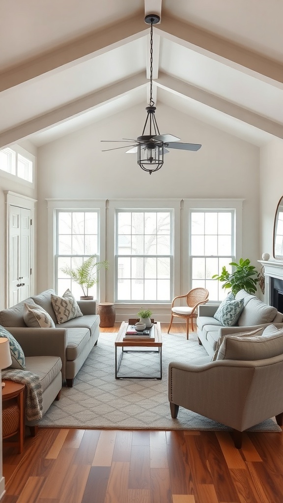 Cozy farmhouse living room with soft sofas, a coffee table, and large windows