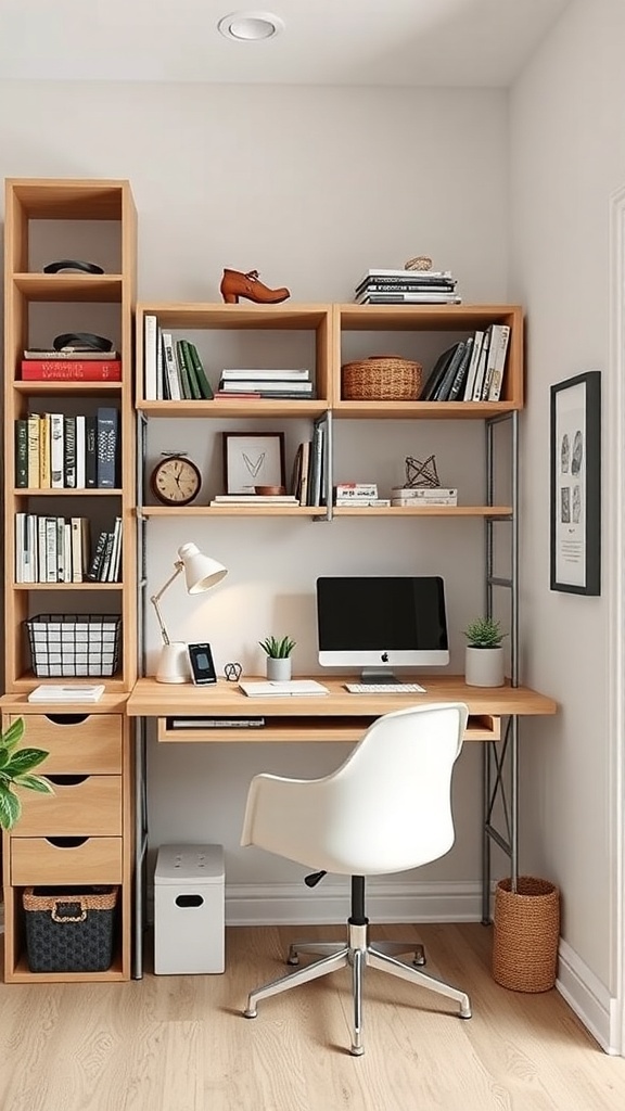 A small home office setup featuring a desk, computer, shelves, and decorative items.