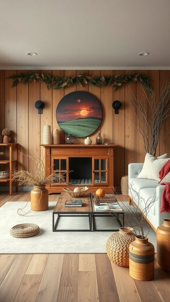 Cozy living room with wooden walls, rustic decor, and fall accents