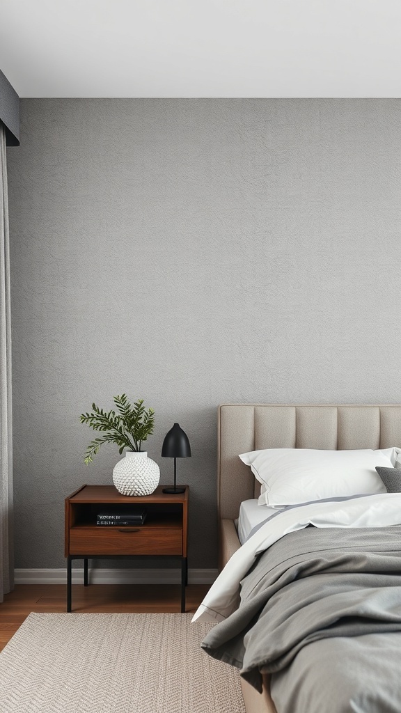 A cozy bedroom featuring a textured gray accent wall, a soft bed with gray bedding, a wooden nightstand, and a decorative plant.