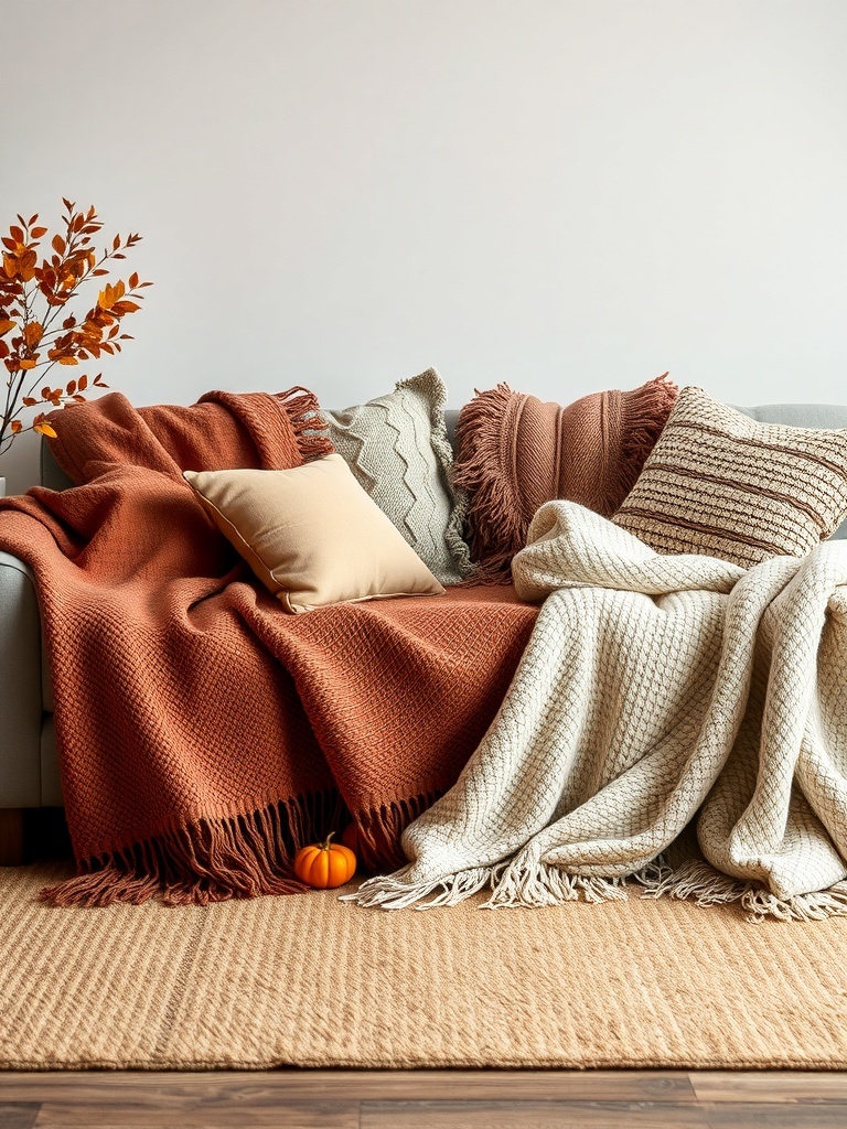 15 Cozy Fall Home Decor Ideas to Transform Your Space 3 Cozy couch with layered throws and pillows in fall colors.
