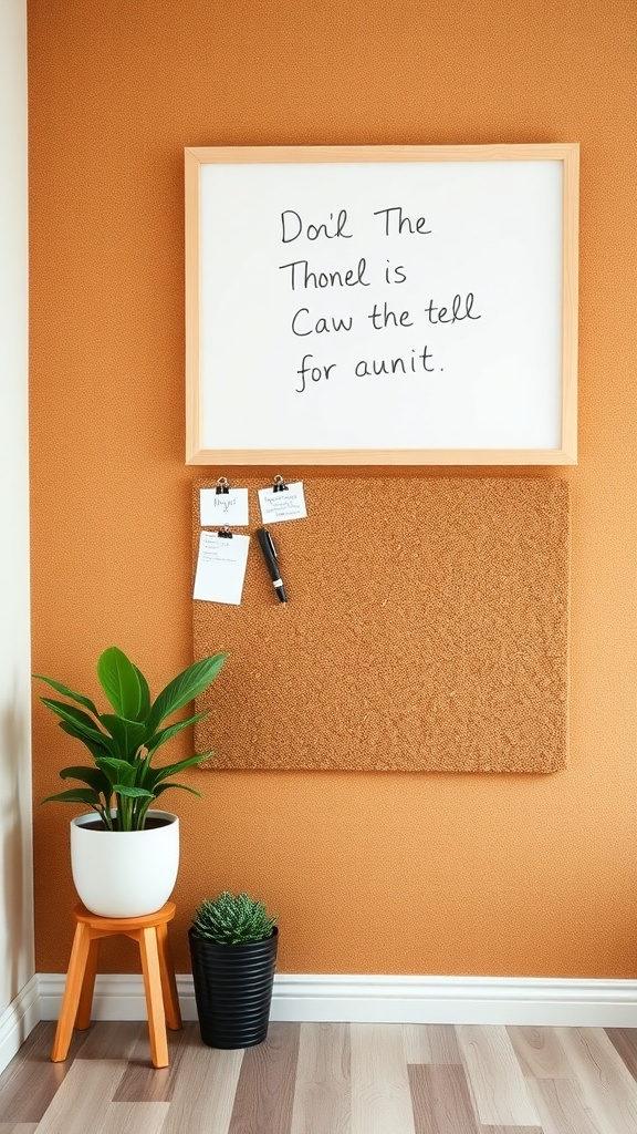 A home office wall featuring a corkboard and whiteboard with plants in front.