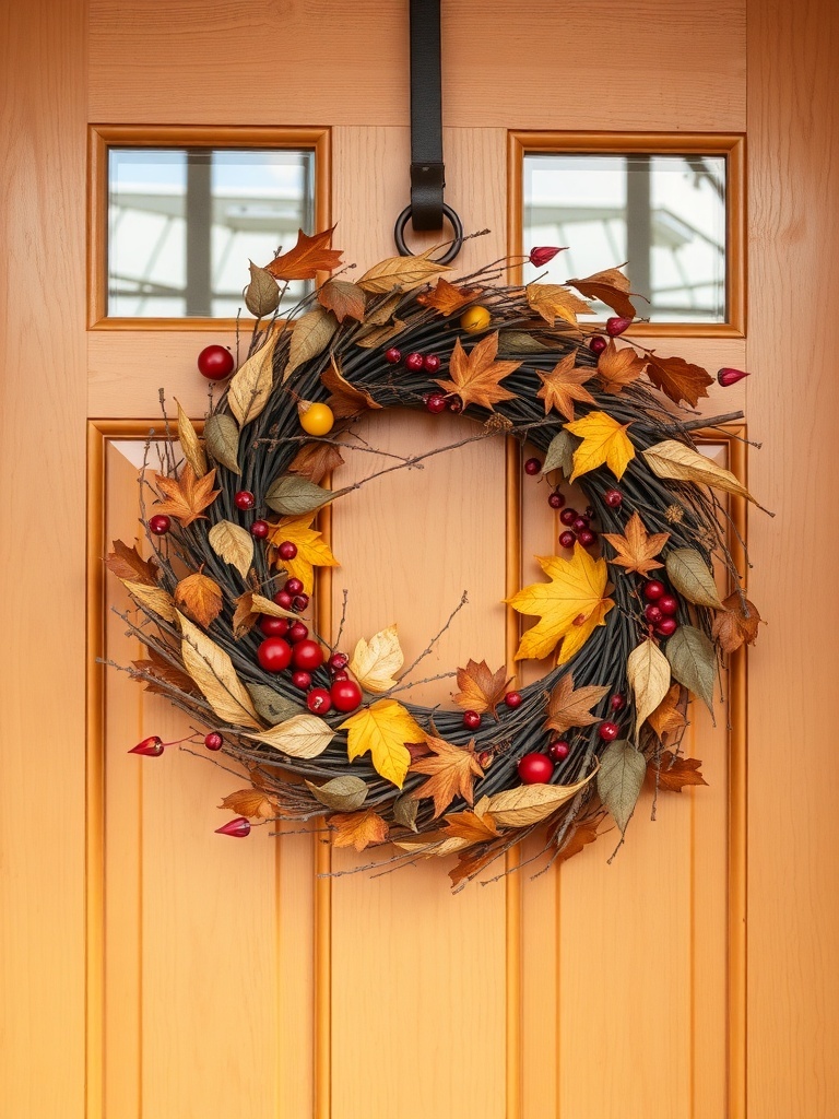 15 Cozy Fall Home Decor Ideas to Transform Your Space 2 A fall-themed wreath with colorful leaves and berries hanging on a wooden front door.