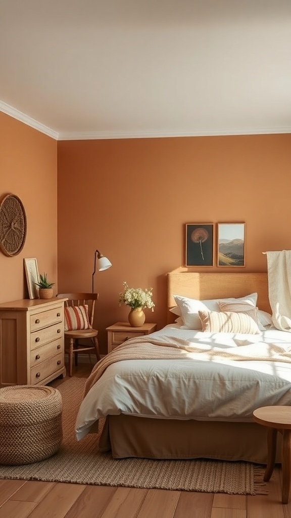 A cozy farmhouse bedroom featuring warm earthy colors, wooden furniture, and soft textiles.