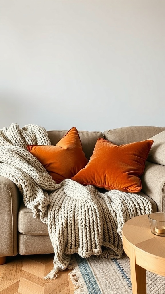 Cozy living room with warm colors, featuring a beige couch with orange pillows and a chunky knit blanket.