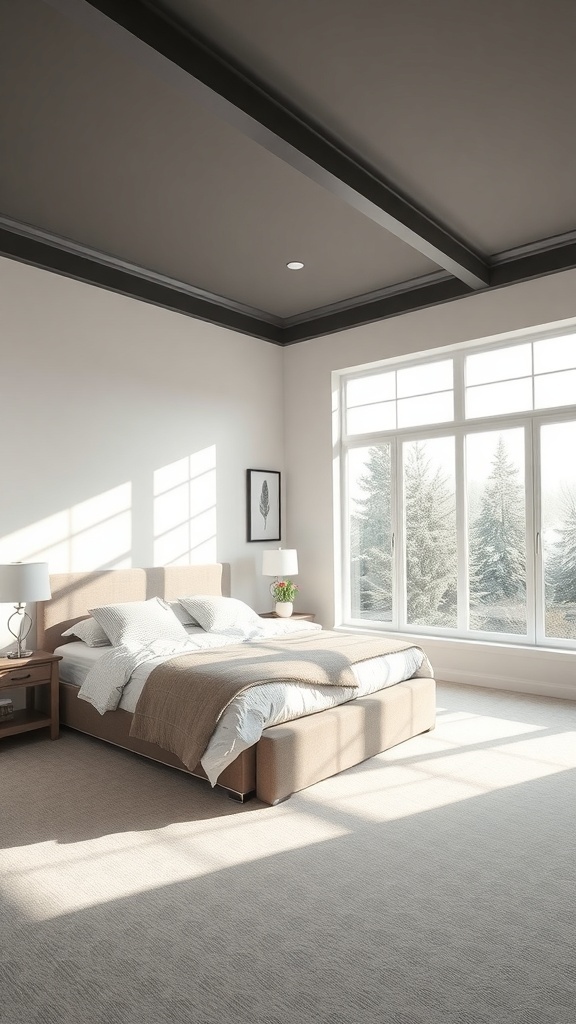 A bright master bedroom with large windows, a cozy bed, and soft decor.
