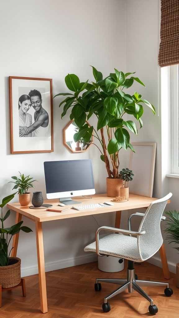 A cozy home office setup with various indoor plants, a wooden desk, and a comfortable chair.