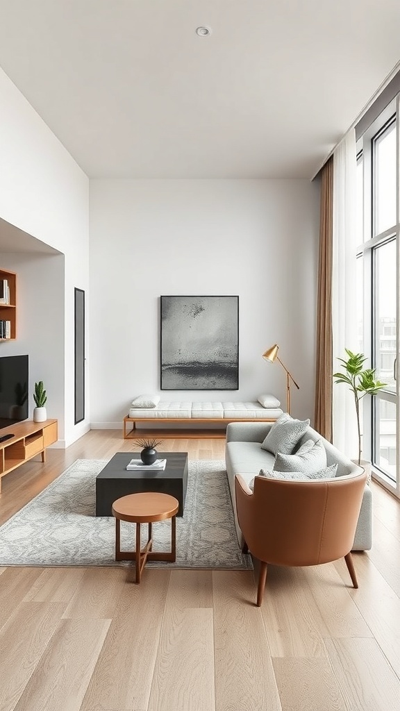 12 Trendy Home Decor Ideas for Millennials 6 A minimalist living room with functional furniture, featuring a black coffee table, light-colored sofa, and large windows.