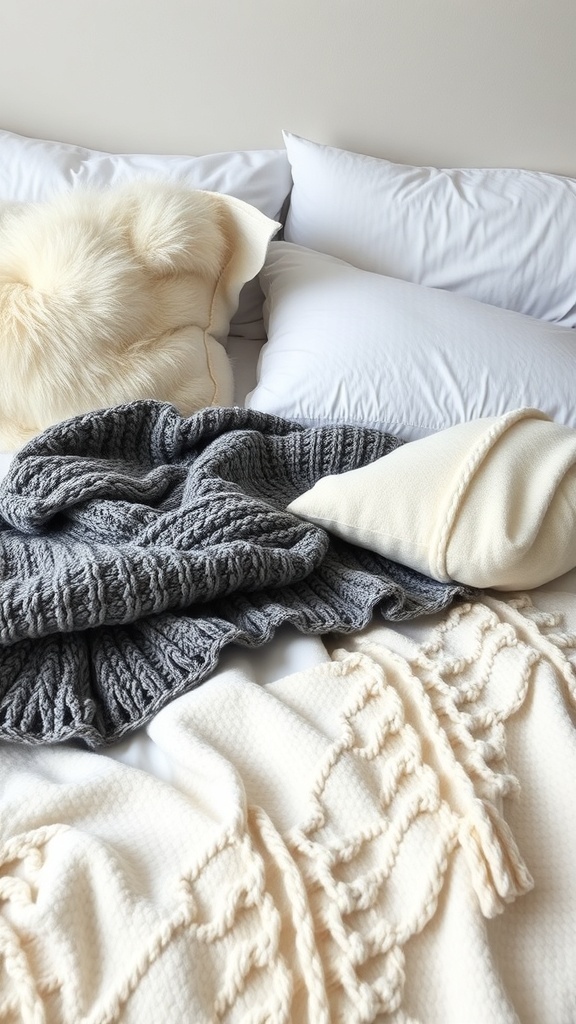 A cozy bed with layered textiles including a gray knitted blanket, a fluffy white pillow, and a textured cream throw.