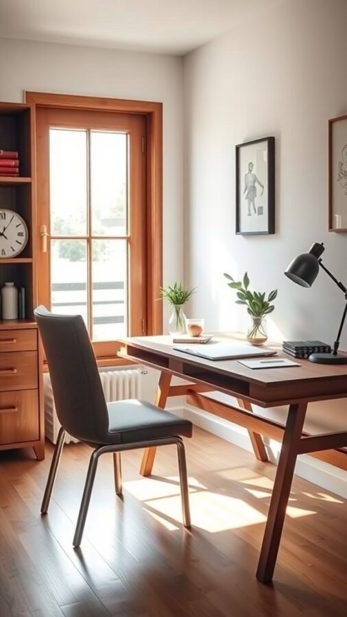 A cozy home office featuring a wooden desk, a comfortable chair, and natural light coming through the window.