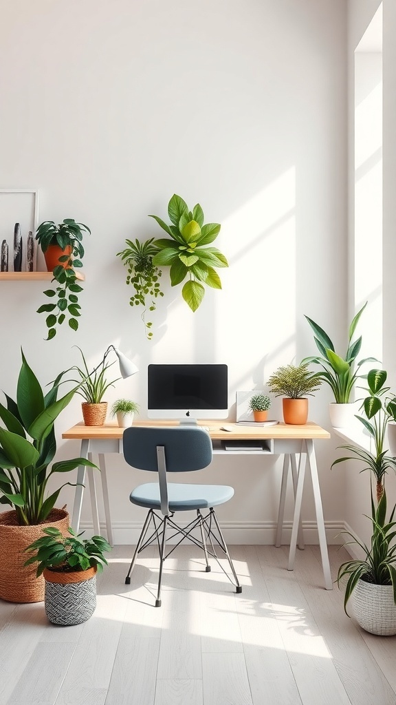A feminine home office with various plants, a desk, and a computer.