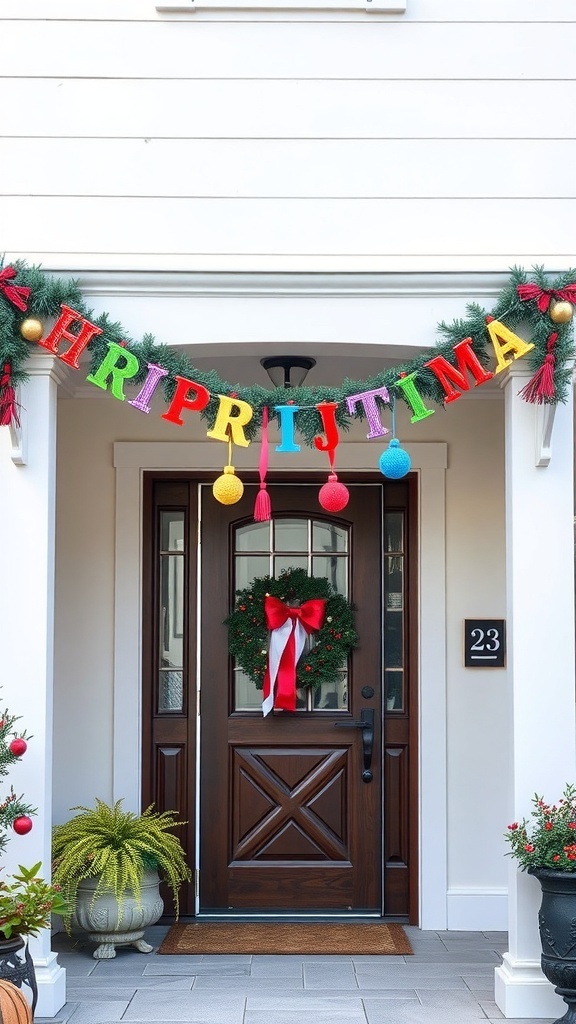 Colorful decorative banner and garland at a home entrance