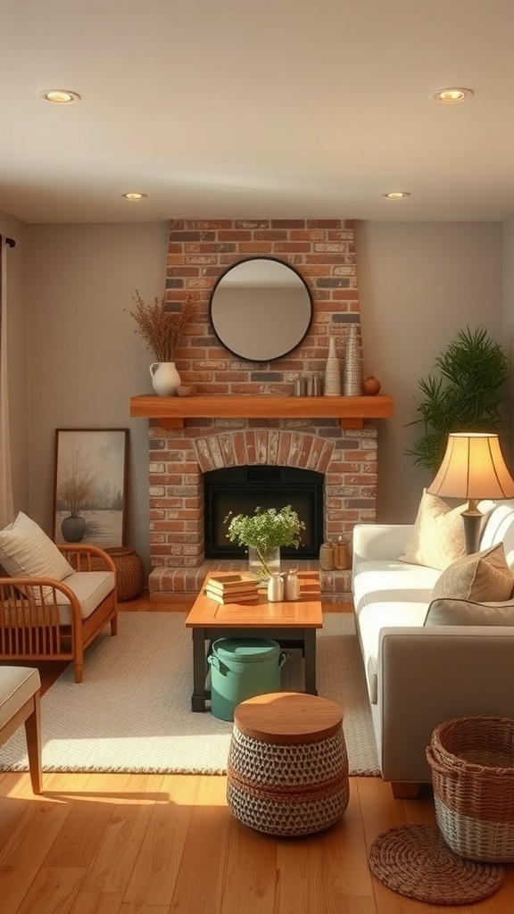 Cozy farmhouse living room with a brick fireplace, white sofa, and warm color palette.