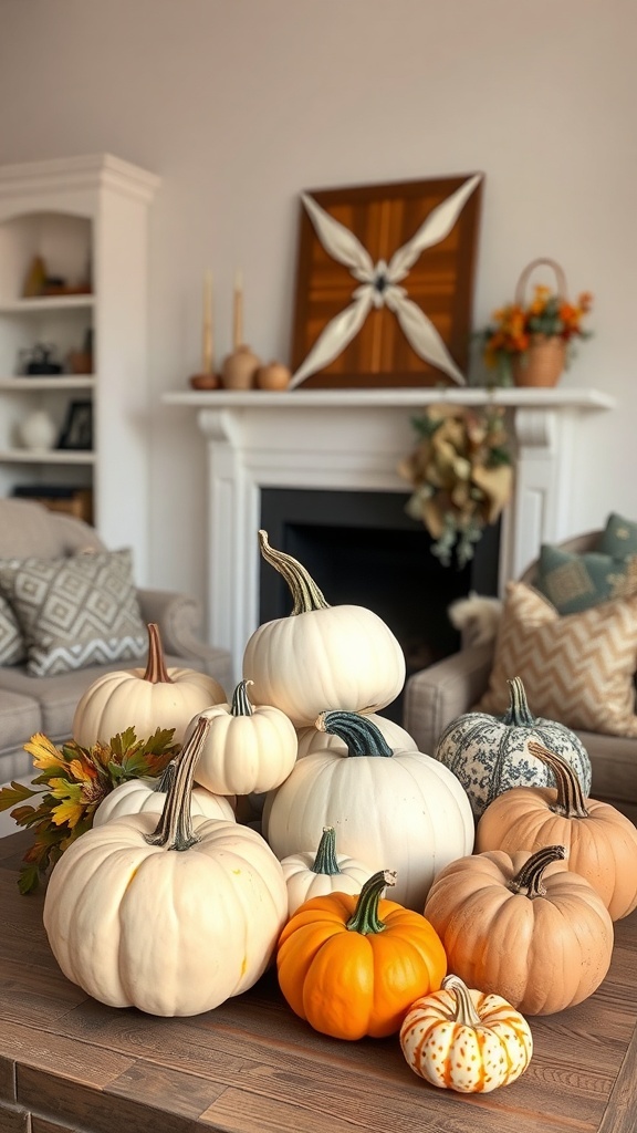 A cozy living room with a stylish arrangement of various pumpkins on a wooden table, showcasing different colors and textures.