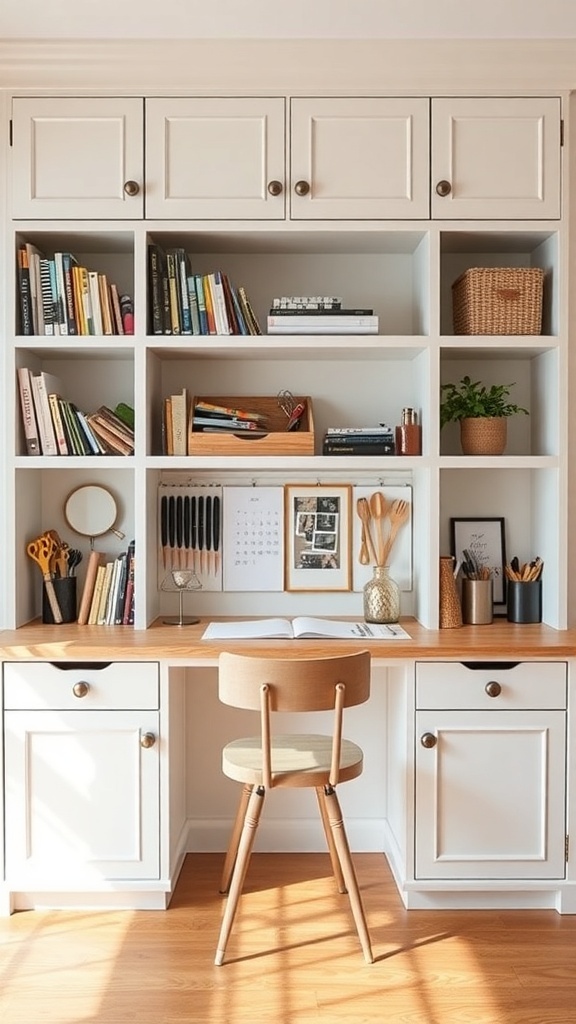 A cozy home office with built-in shelves and a desk, featuring books, plants, and office supplies.