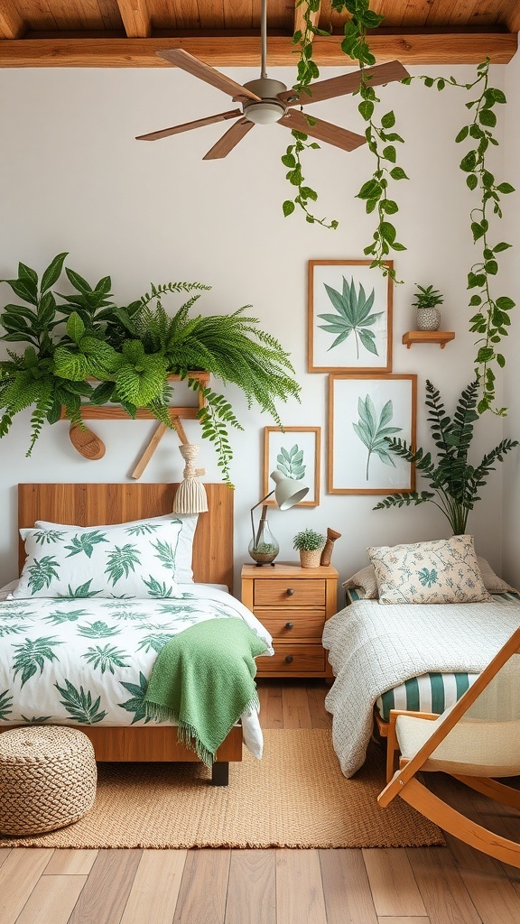 A nature-inspired girl's bedroom with plants, leaf-patterned bedding, and wooden furniture.