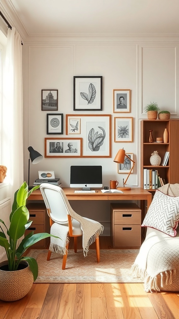 A stylish home office with a desk, comfortable chair, wall art, and plants.