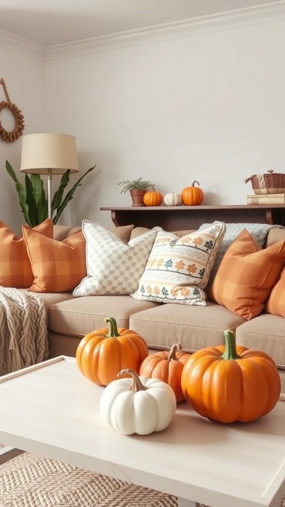 A cozy living room decorated for fall with orange and white pumpkins on a coffee table and warm colored pillows on a couch.