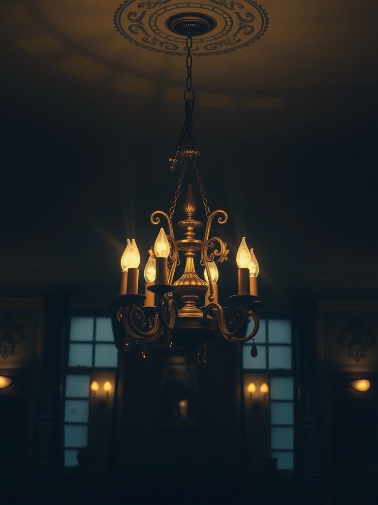 17 Must-Have Vintage Home Decor Items for Timeless Style 1 A vintage chandelier with candle-like bulbs, casting a warm glow in a dimly lit room.