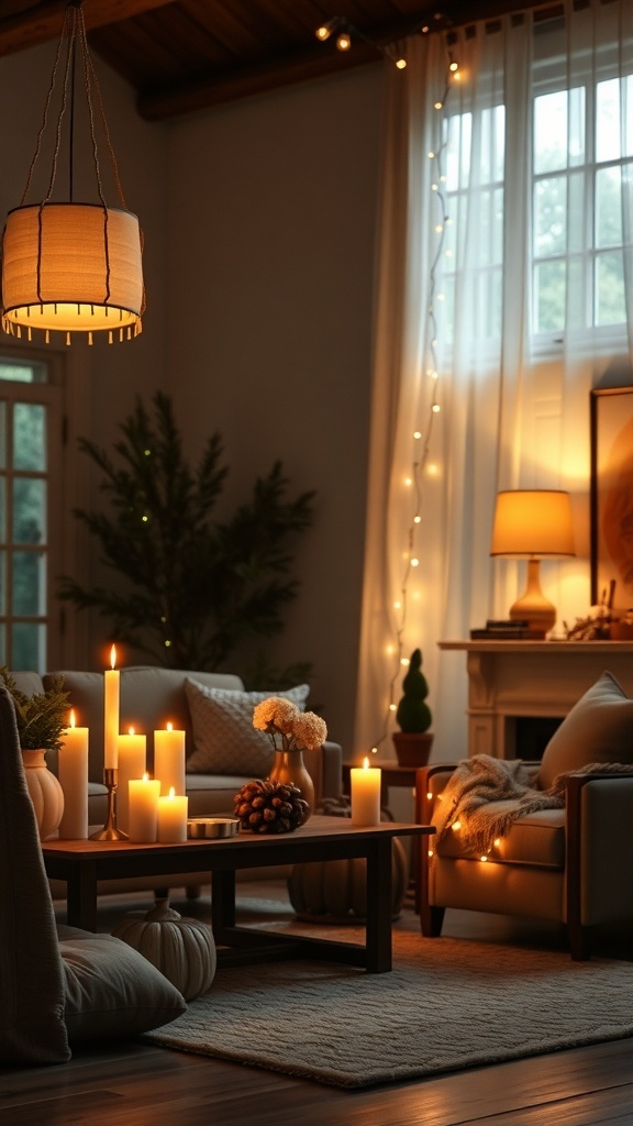 A cozy fall living room with layered lighting, featuring candles, a hanging lamp, and fairy lights.