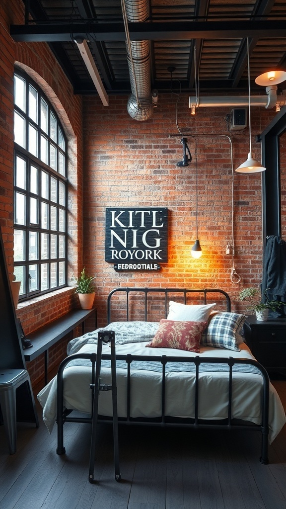 A stylish teen boy bedroom featuring industrial chic design with metal accents, exposed brick wall, and cozy decor.