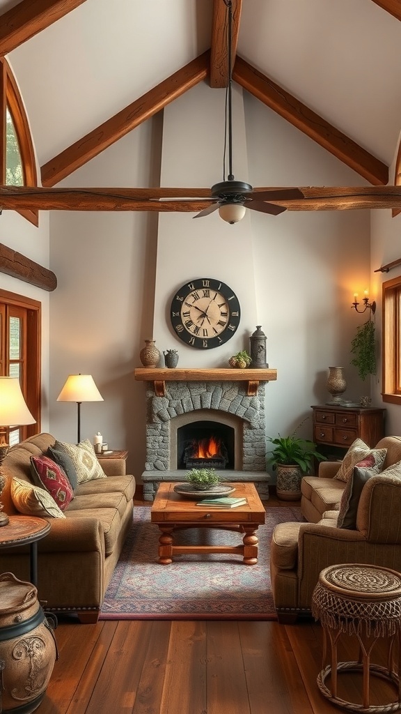 7 Timeless Traditional Home Decor Essentials 7 A cozy living room featuring rustic wooden beams, a stone fireplace, and warm-toned furniture.