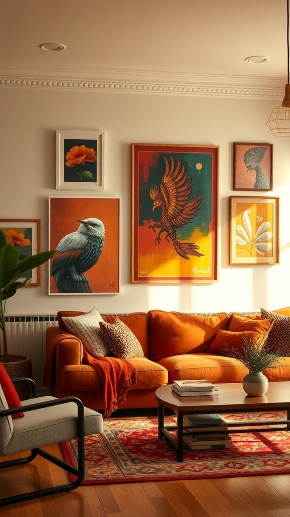 Cozy living room with warm colorful artwork on the walls