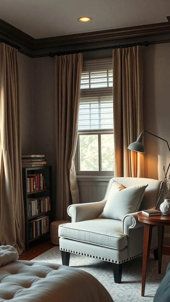 A cozy reading nook in a master bedroom featuring a comfortable chair, side table, and bookshelf.
