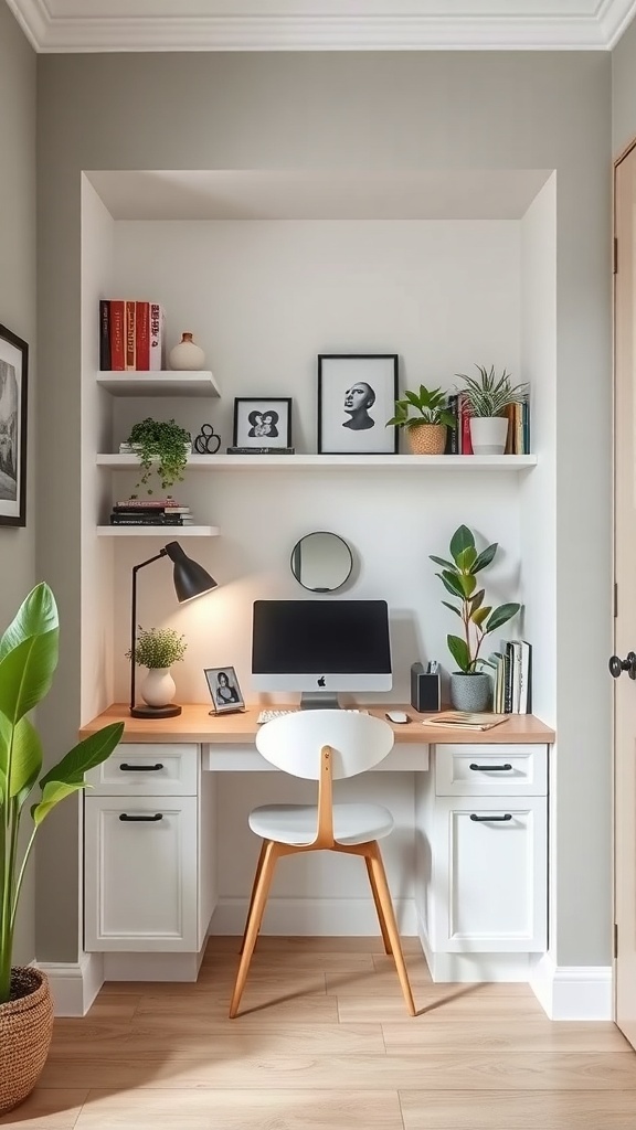 A cozy built-in desk with shelves, plants, and a computer in a small home office space.