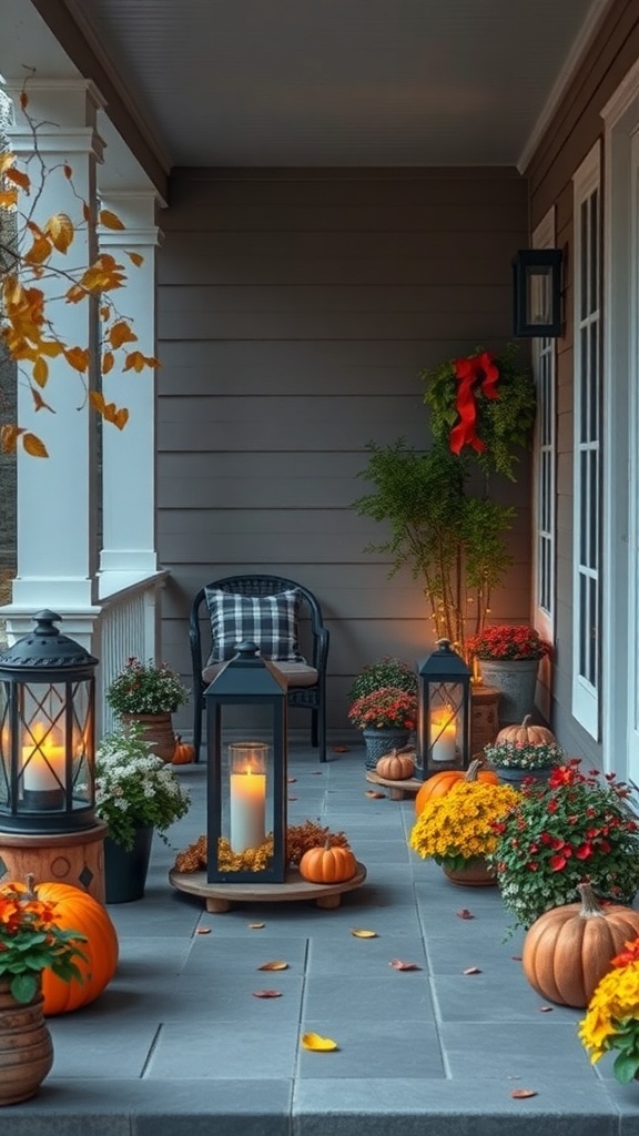 A cozy porch decorated with rustic lanterns, pumpkins, and seasonal flowers.