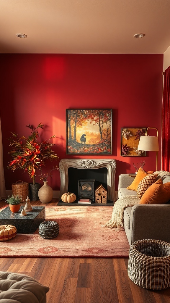 Cozy fall living room with red walls, autumn decor, and warm colors
