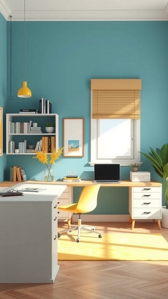 A modern home office featuring turquoise walls, yellow accents, and light wood furniture.