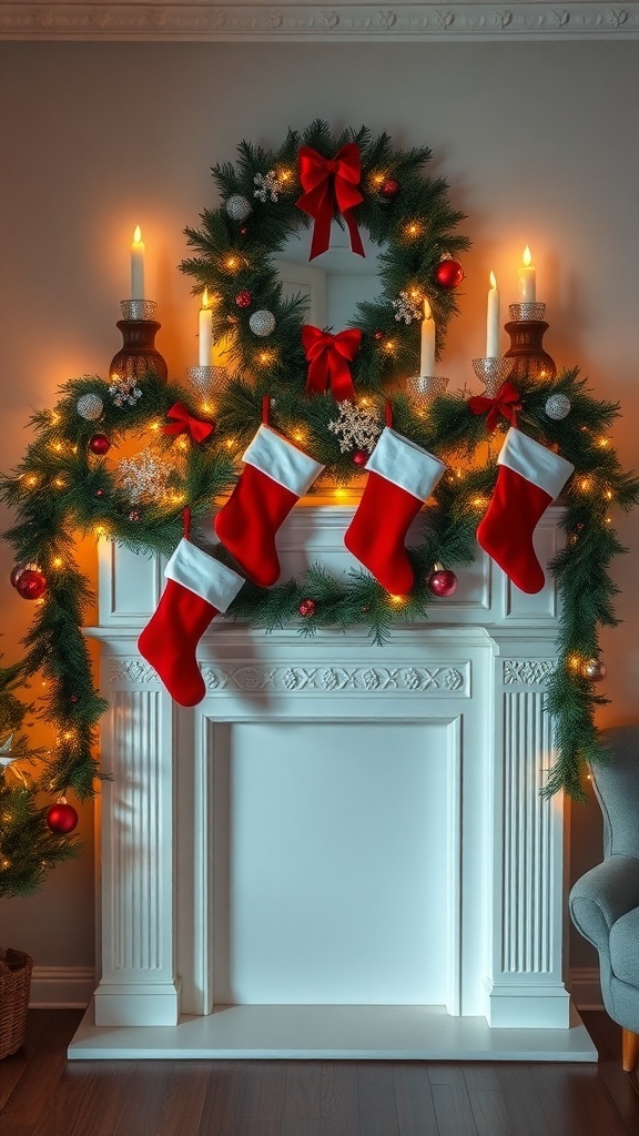 A beautifully decorated fireplace mantel for Christmas with stockings, a wreath, and candles.